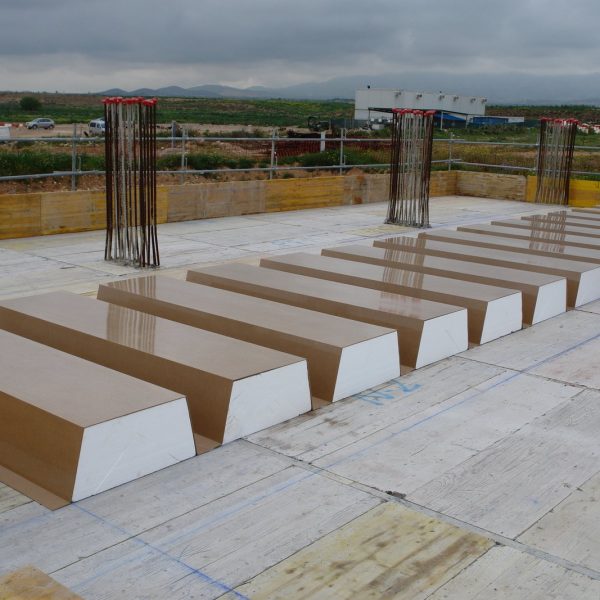 Casetones de poliestireno con acabado para hormigón visto sobre el encofrado