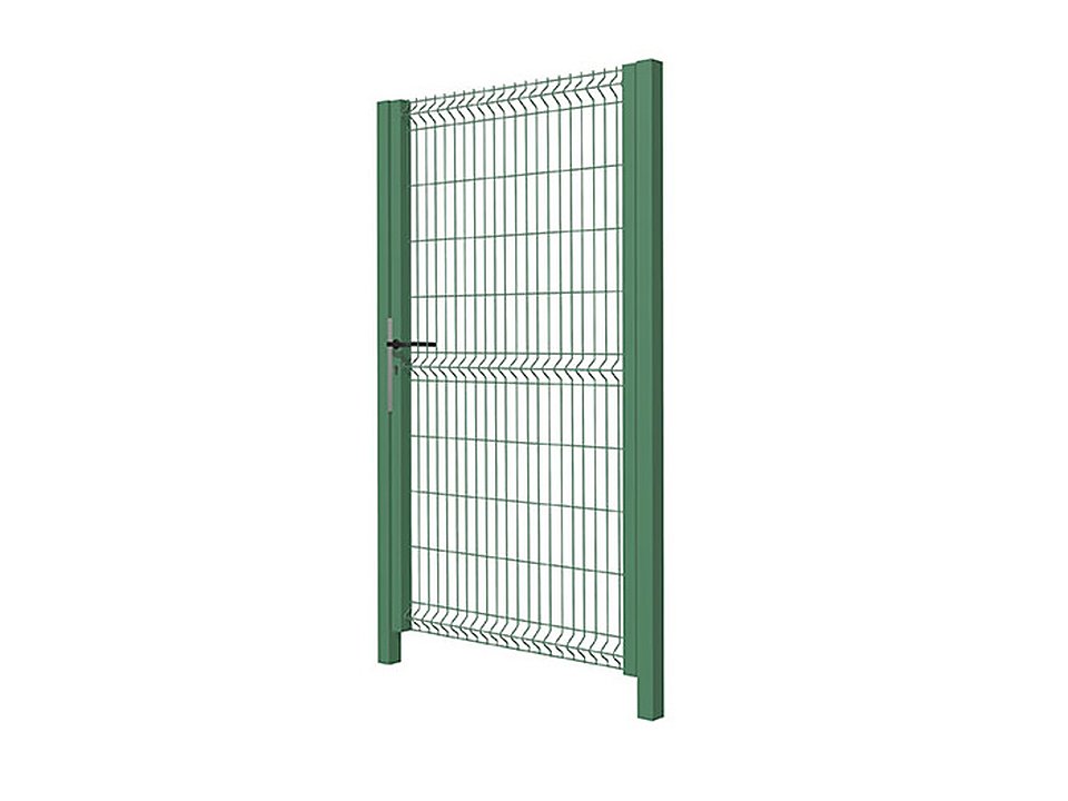 Puerta verde de 1 hoja de malla plegada con pilares de tubo cuadrado y manecilla
