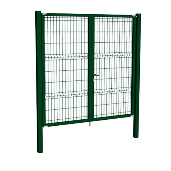 Puerta verde de 2 hojas de malla plegada con pilares de tubo cuadrado