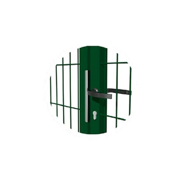 Detalle de la cerradura y la manecilla de una puerta de malla plegada verde